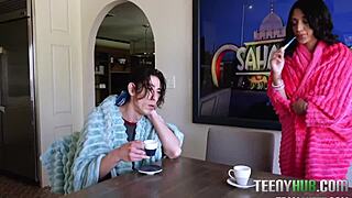 Petite teen Sasha gets horny watching porn with stepbro, leading to taboo hardcore blowjob in POV