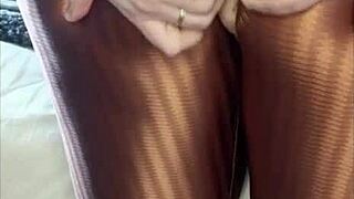 Young girl masturbates tearing leggings from arousal after gym with miniskirt