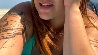 This bold exhibitionist lets a guy touch her ass in a flirty public flashing moment that turns heads.