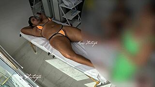 Big tits Brazilian wife in bikini gets pool massage with big pussy exposed