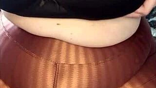 Young girl masturbates tearing leggings from arousal after gym with miniskirt