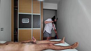 I jerk off in front of the cleaning lady at the hotel bedroom with big ass European milf watching.