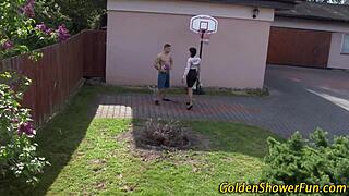 goldenshower babe dives into hardcore sucking and facial action with old guy