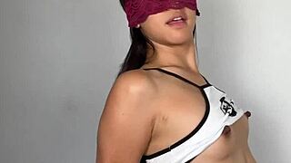 Experience this petite Asian girl teasing before a big cumshot covers her small flat chest