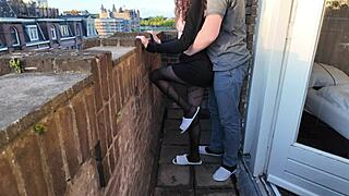 Damn, Petite Teen Whore Rides and Gets Fucked Doggystyle on Balcony in Dress!