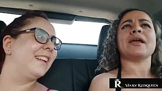 Natasha Sub Gets Wild in Car Chat Flashing Big Tits and Redhead Charm on Public Street