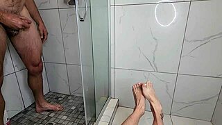 early morning foot job on cock during homemade shower with milf in bathroom
