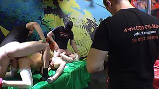 Fetish slut contrasts bizarre blowbang with multiple handjobs leading to cum in mouth and facial bukkake in European hardcore scene.