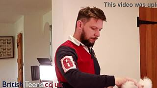 Collared british 18 year old bends over on kitchen desk for doggystyle fucking and cumshot facial.