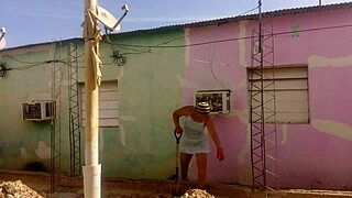 I catch my neighbor staring at my huge latina ass in this short dress while flashing outdoors