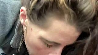 Hey, this hooker sucks off all the cum from a customer's dick after deepthroat blowjob in the car