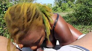 Poizon Ivy gives Don Whoe a sloppy deepthroat blowjob with her big natural tits in the backyard garden for Super Hot Films.