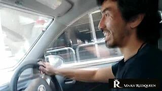 Natasha Sub Gets Wild in Car Chat Flashing Big Tits and Redhead Charm on Public Street