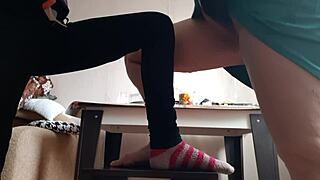 middle aged woman and student masturbate on chairs