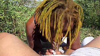 Poizon Ivy gives Don Whoe a sloppy deepthroat blowjob with her big natural tits in the backyard garden for Super Hot Films.
