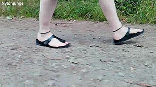 Spaziergang in der natur in birkenstock with chubby german feet fetish outdoor public barefoot