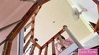 Oh man, this kinky couple's takin' huge risks fuckin' like crazy on the staircase with bondage and rough domination