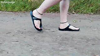 Spaziergang in der natur in birkenstock with chubby german feet fetish outdoor public barefoot