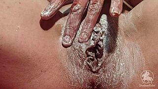 i shave my pussy in the bathroom, showing off big lips and clit all wet and pierced