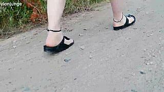 Spaziergang in der natur in birkenstock with chubby german feet fetish outdoor public barefoot