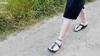 Spaziergang in der natur in birkenstock with chubby german feet fetish outdoor public barefoot