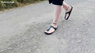 Spaziergang in der natur in birkenstock with chubby german feet fetish outdoor public barefoot