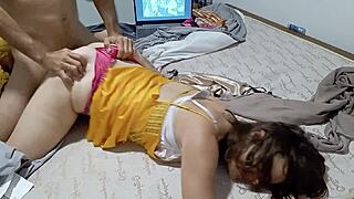 white girl fucked doggy in yellow pink satin lingerie with pussy licking ass rimming