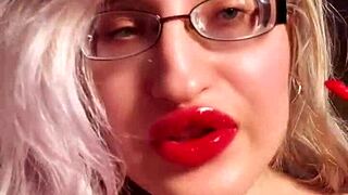 perfect lips shine with red gloss in lipstick fetish session for findom golddigger