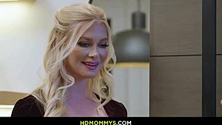 Blonde milf and petite teen in pigtails engage in lesbian tribbing and pussy licking during mommy roleplay group session