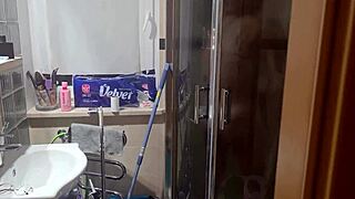 Huge cumshot covers her face after shower blowjob and cum in mouth