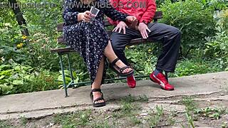 Hot MILF Jerks Off Huge Dick into Glass on Park Bench