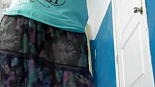 Hairy mature woman walks in see-through dress flashing beaver outdoors