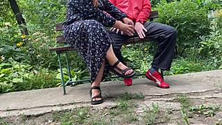 Hot MILF Jerks Off Huge Dick into Glass on Park Bench