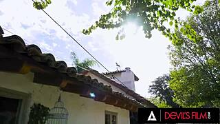 Devils Film features Ella Hollywood and Khloe Kay in a seductive trans threesome with anal action in this full California scene.