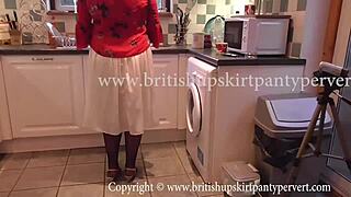 British Rosemary does ass to mouth in her kitchen while wearing stockings and upskirt panties.
