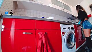 In this daring edition a curvy woman takes on the challenge to bare her big ass. She strips from short jeans hot pants revealing thong panties and goes fully nude.