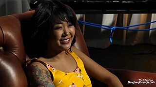 Tiny Asian, ready for deepthroat blowjob and creampie from five big cocks in gangbang?