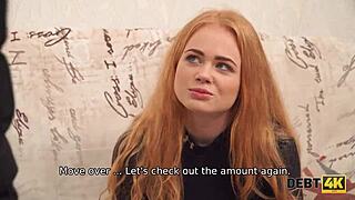Hey, this debt collector really enjoys the tender mouth and shaved pussy of that adorable redhead debtor