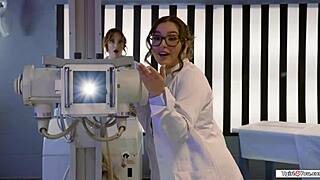 Three Shemale Sexdolls Lick and Fuck Busty Milf Scientist