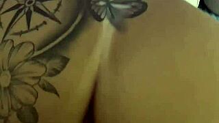 Tattooed latina babe licks and rides big cock to wet orgasm cum on ass