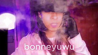 Bonneyuwu the petite 18-year-old in pigtails and miniskirt gets paid by a 36-year-old bartender to suck on a dildo in her solo session