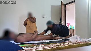 Two Thai massage ladies watch as a guy flashes his dick and jerks off in front of them.