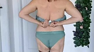 busty granny mariaold teases with strip dance in stockings before close-up pussy reveal in mint lingerie