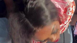 Ebony pornstar gives blowjob and handjob to big black cock in the car during public outdoor play. It's a quick amateur session with monster cock action.