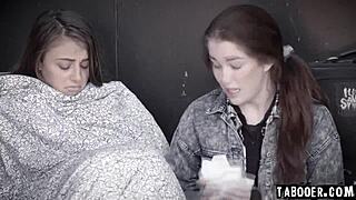 Tabooer com shows Evelyn Claire licking Gia Derza's pussy to help her off the street