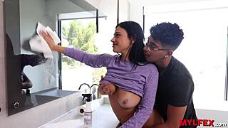 Why is this perv stepson stroking his curvy milf mommy while she's cleaning as maid?