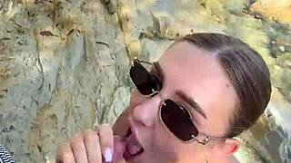 Blonde babe gives the best blowjob to a stranger on the beach. Cum covers her face and tits in this pov clip.