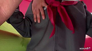 Extreme petite anorexic Japanese teen gets her first creampie in uncensored JAV casting