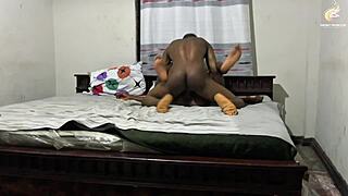 Boyfriend bangs skinny ebony in doggystyle and cowgirl on first day with buttplug and double penetration.