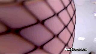 Gracie in fishnets slides hard on my dick pov style